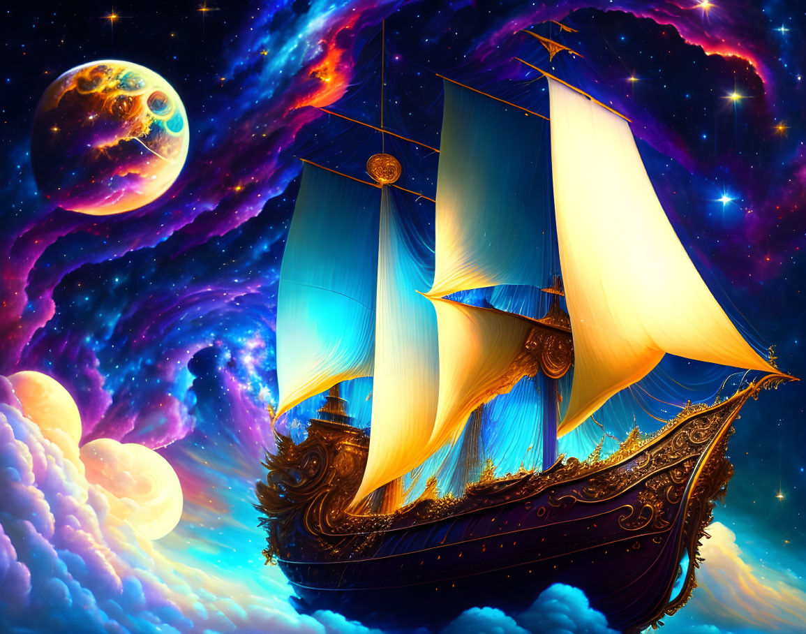 Colorful sailing ship in vibrant cosmic sky with nebulas and planet.