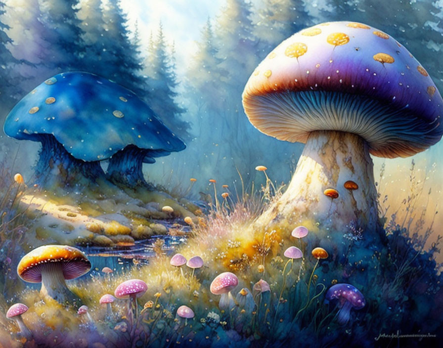 Colorful oversized mushrooms in misty forest scene