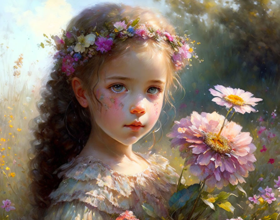 Young girl with floral crown and curly hair in serene floral setting