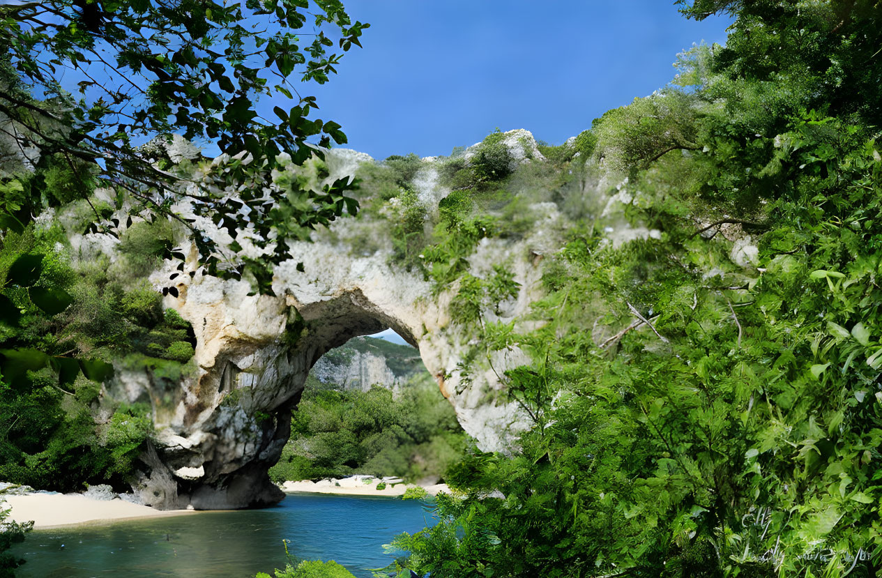 Scenic natural stone bridge over river with lush greenery