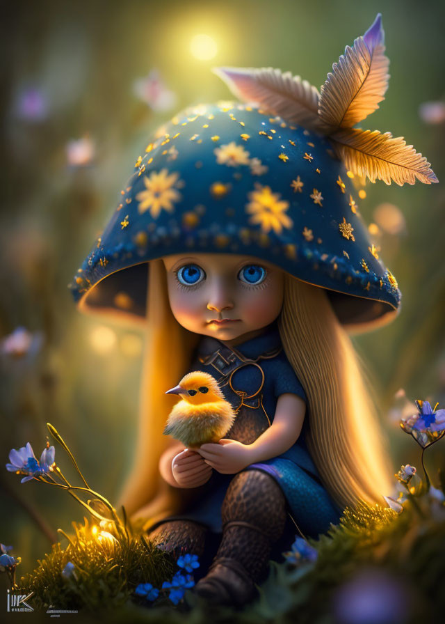 Illustration of doll-like character with big blue eyes and mushroom cap holding a bird among glowing flowers