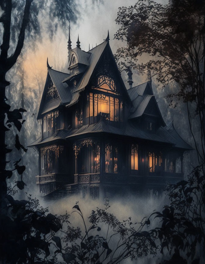 Victorian house in fog with warmly lit windows surrounded by dark trees