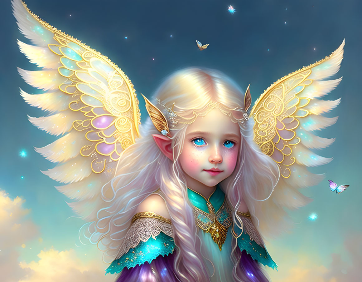 Child with angelic wings, blue eyes, golden hair, and butterflies in celestial setting