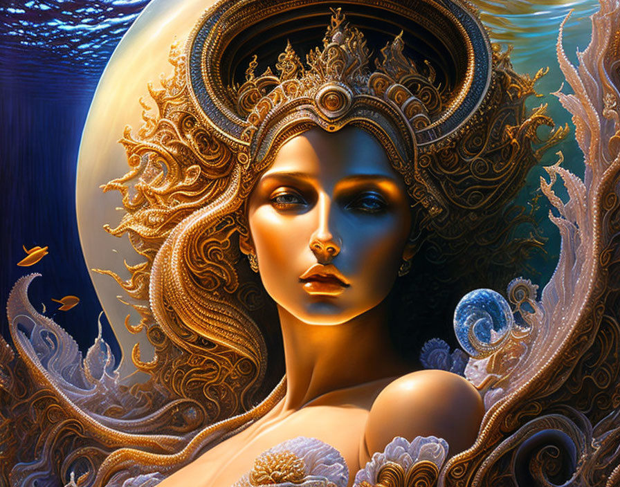 Woman with ornate headpiece and collar in cosmic setting with swirling patterns and fish