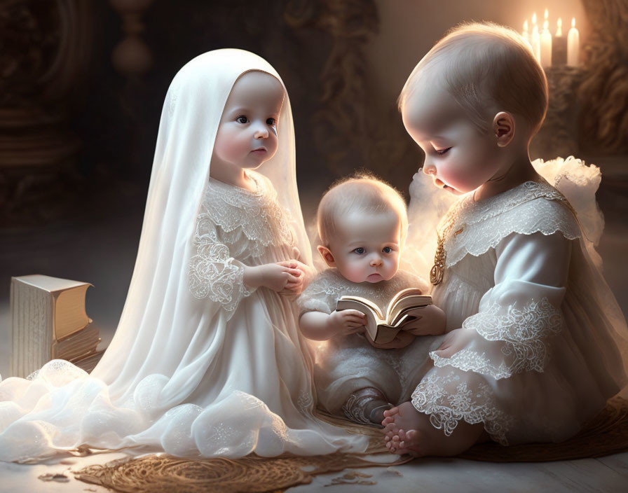 Three Babies in Vintage Clothing Reading by Candlelight in Cozy Setting