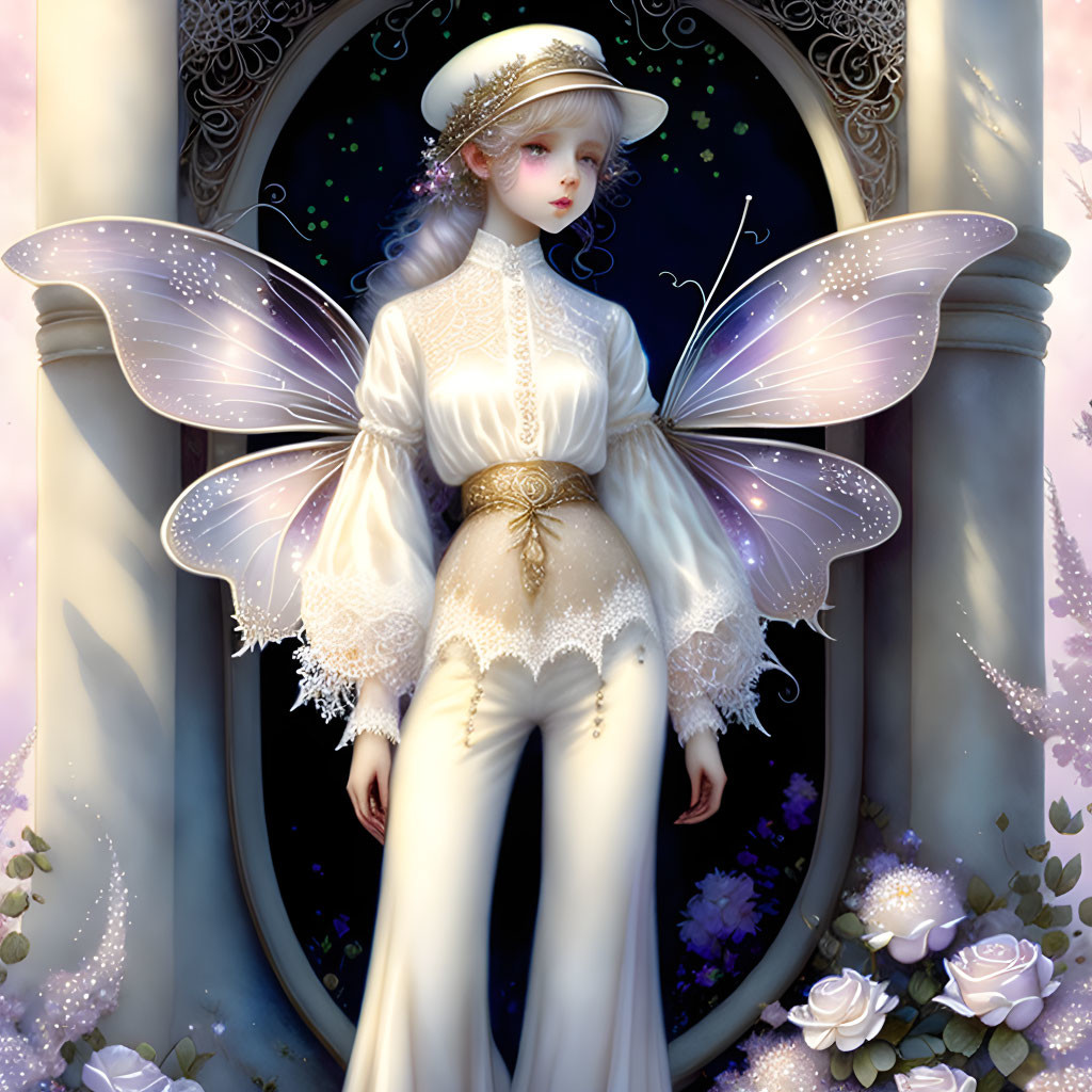 Celestial woman with butterfly wings in Victorian-inspired outfit surrounded by floral wreath