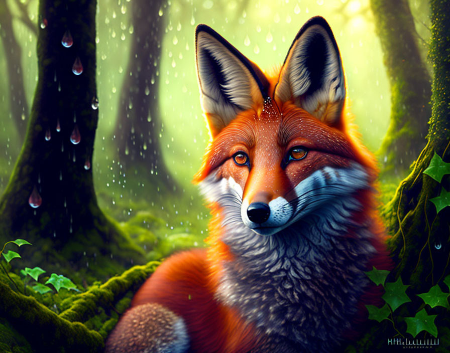 Red Fox in Misty Green Forest with Water Droplets