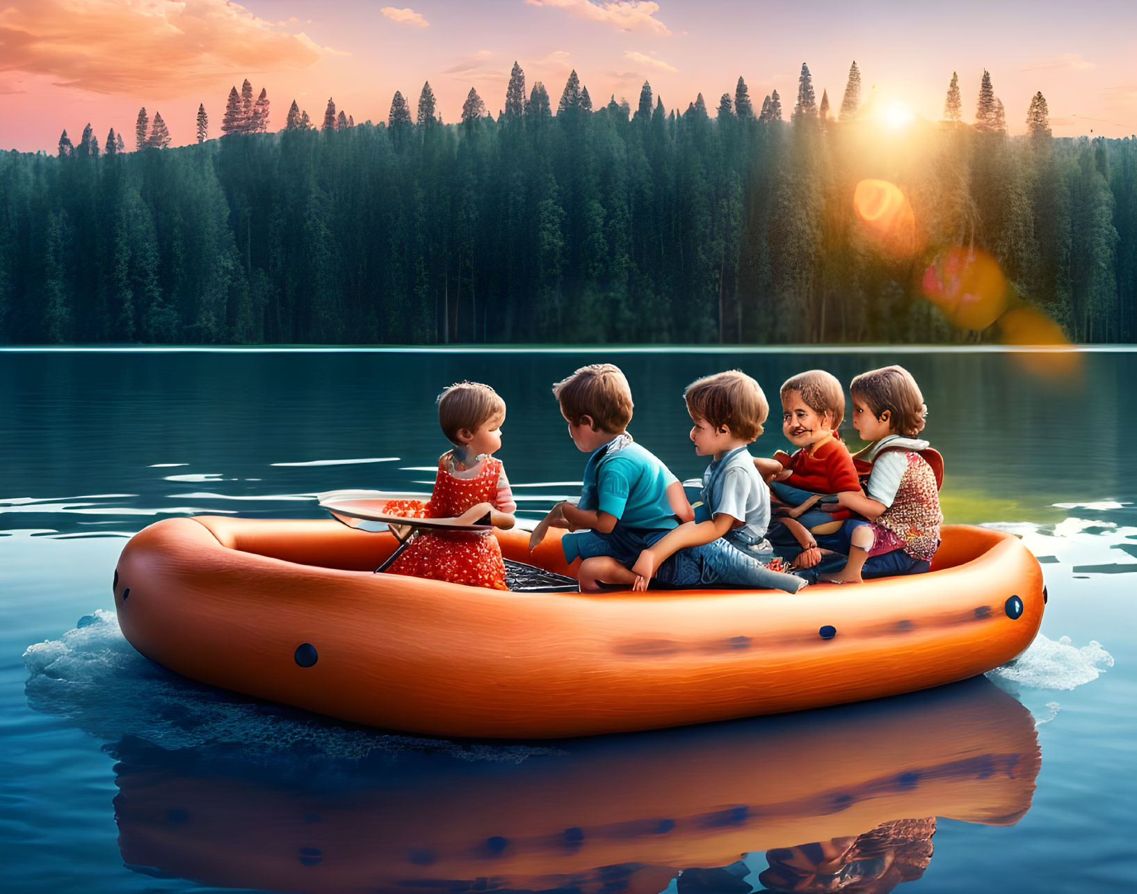 Children in inflatable boat at sunset on serene forest lake.