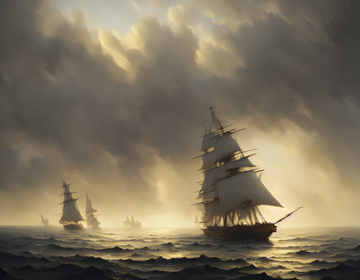 Sailing ships on turbulent seas under dramatic sky.