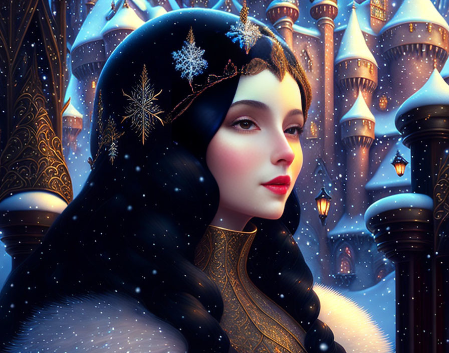 Fantasy illustration of woman with black hair in golden outfit against snowy castle backdrop