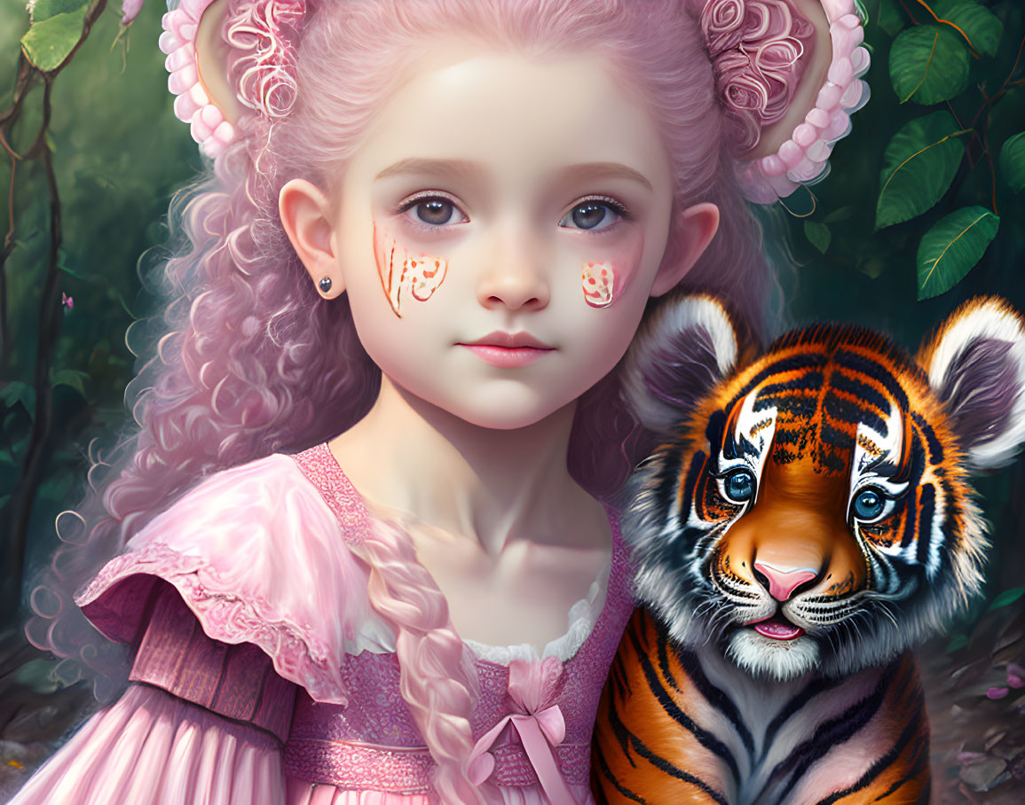 Young girl in pink dress with braided hair beside tiger cub in lush green setting