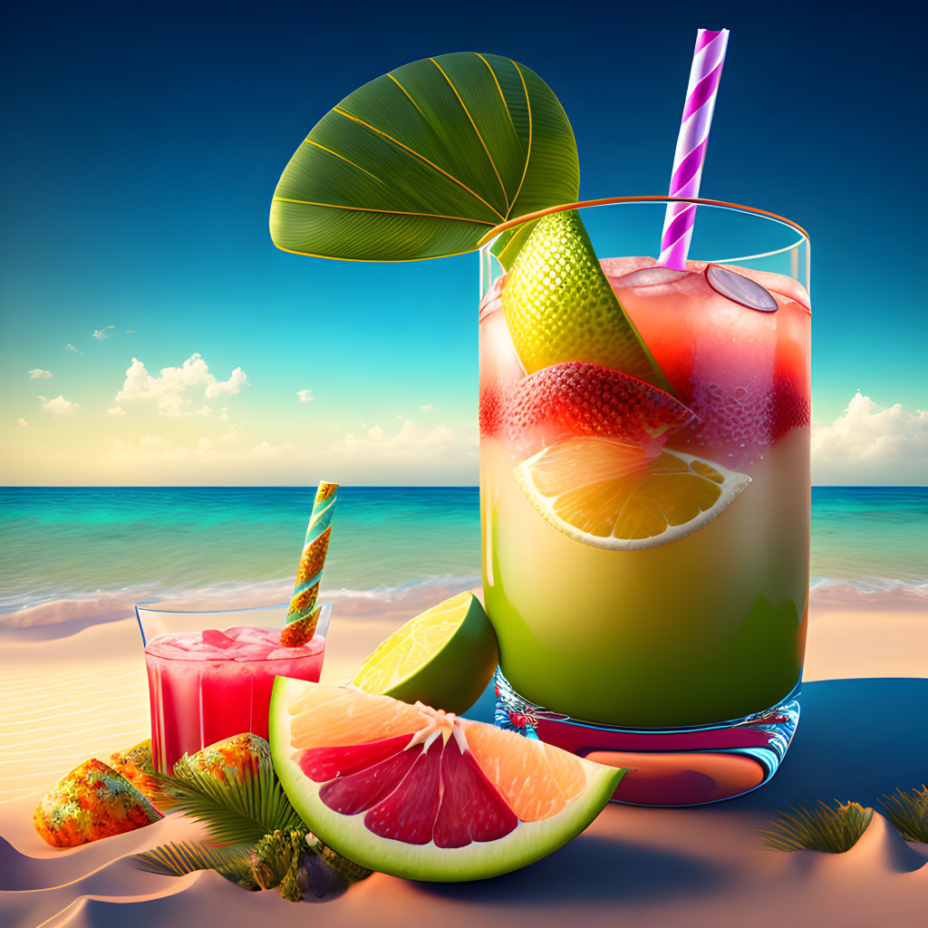 Tropical beach scene with fruity cocktails and citrus slices