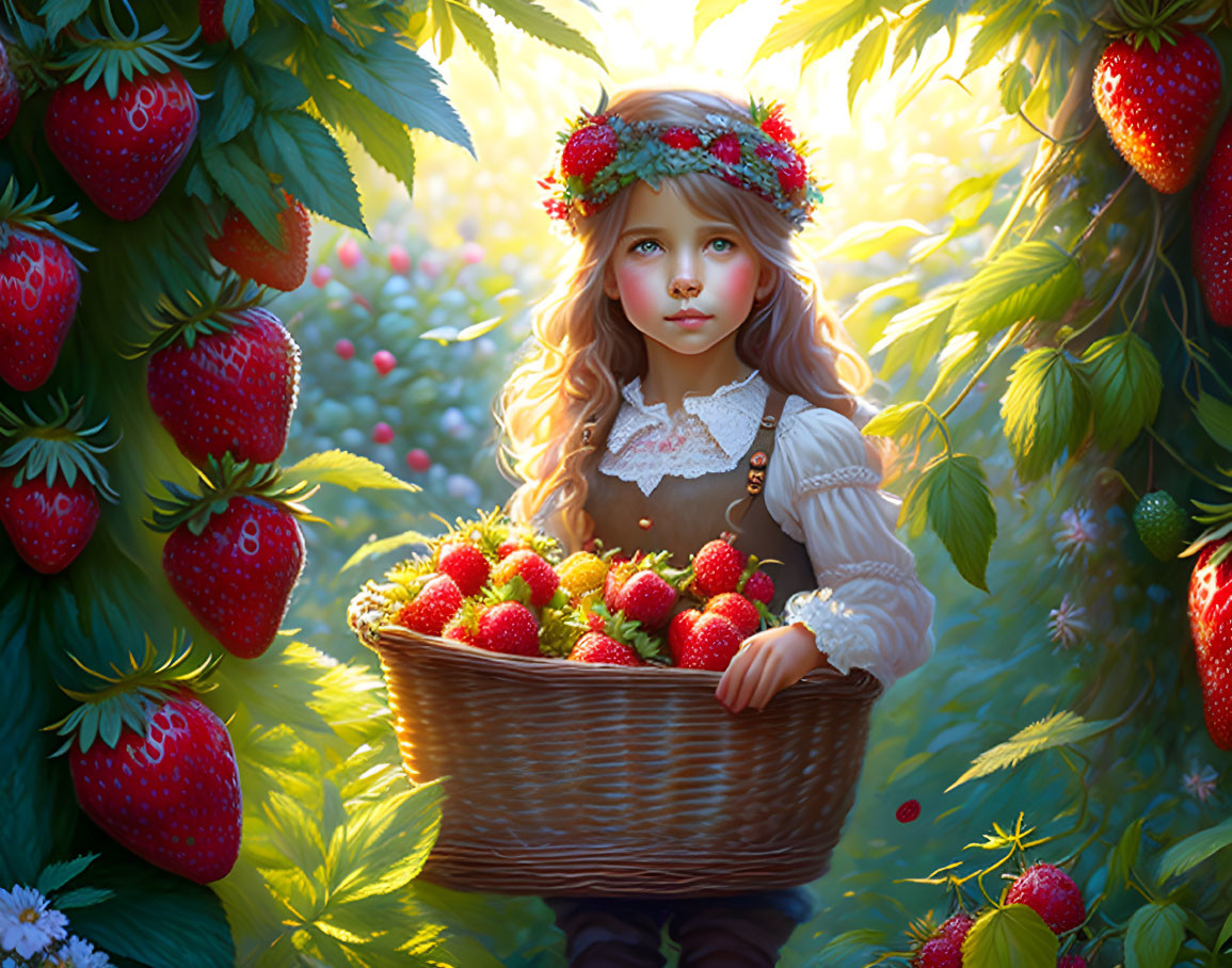 Young girl with flower wreath holding basket in strawberry garden