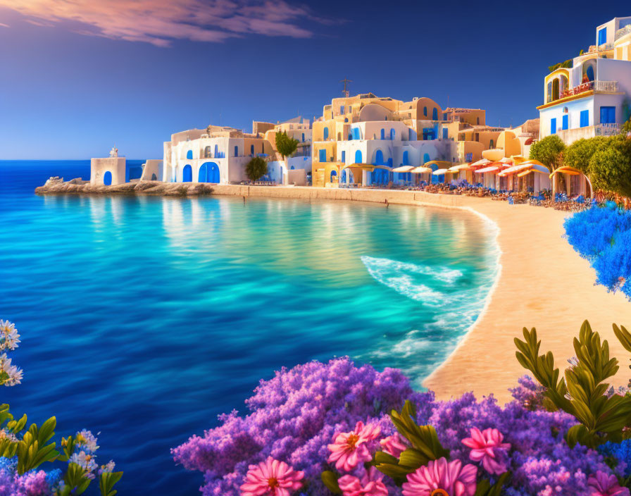 Scenic coastal view with blue waters, sandy beach, colorful buildings, and purple flowers