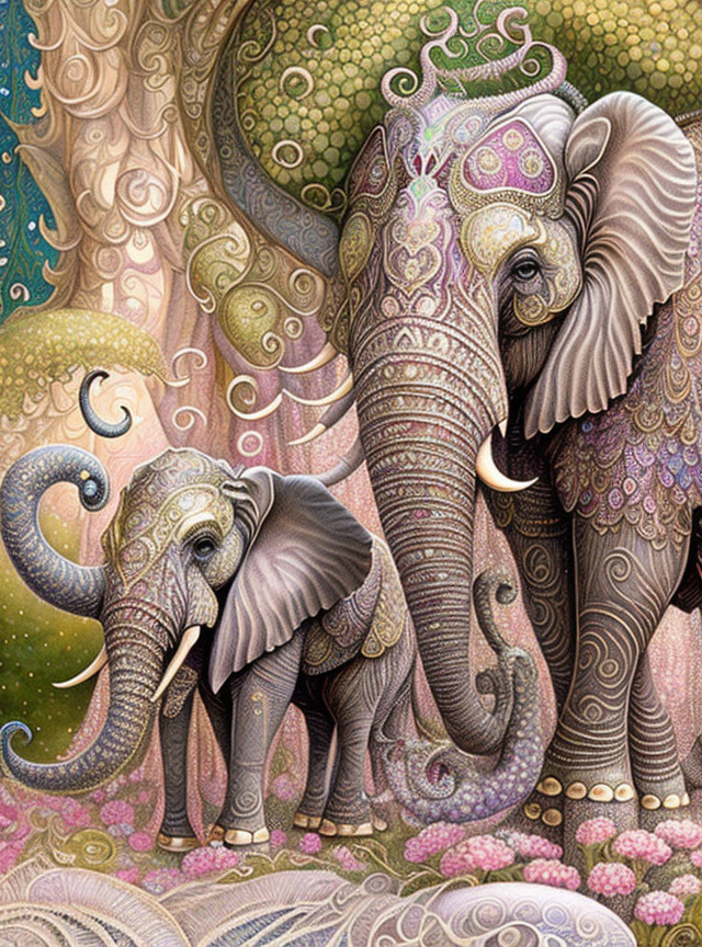 Detailed Elephant Illustration with Ornate Patterns on Colorful Background