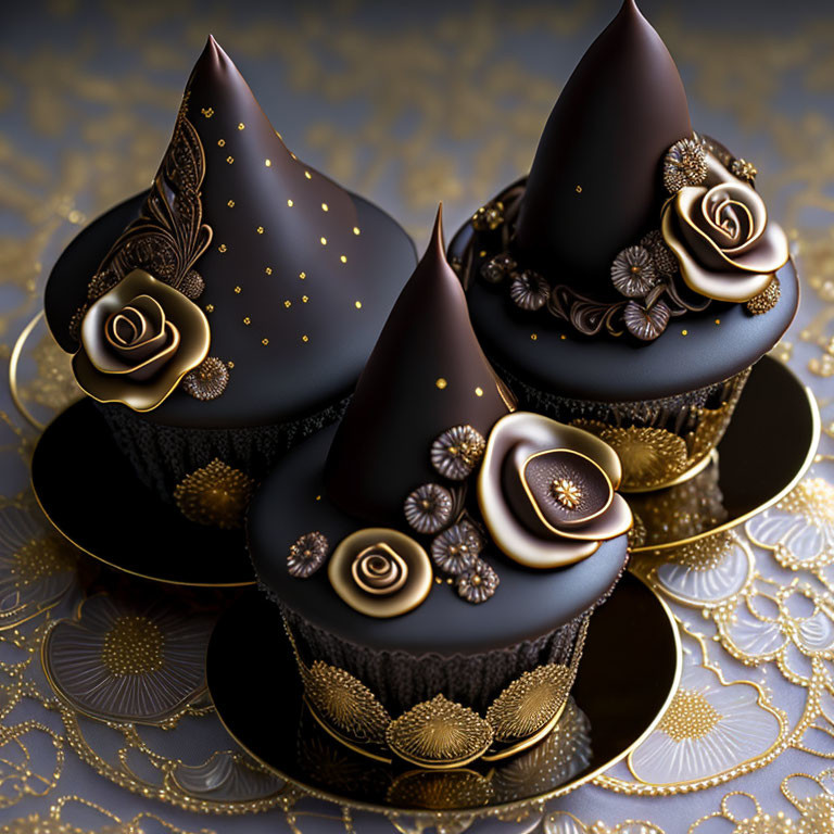 Luxurious Black and Gold Cupcakes with Chocolate Decorations