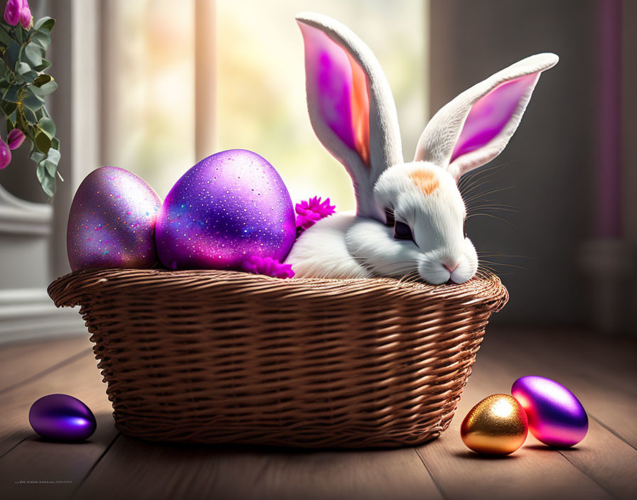 White rabbit with brown spots in wicker basket near colorful Easter eggs