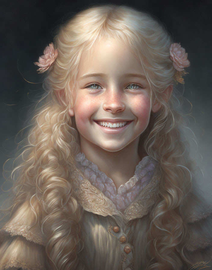 Portrait of Smiling Young Girl with Curly Blonde Hair and Pink Flowers