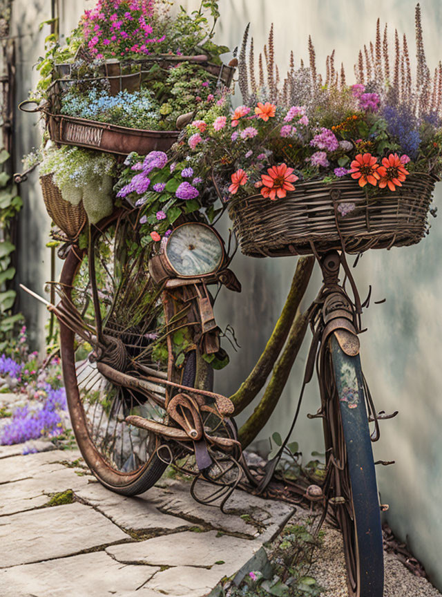 Vintage Bicycle with Flower-Filled Baskets by Stone Path and Weathered Wall