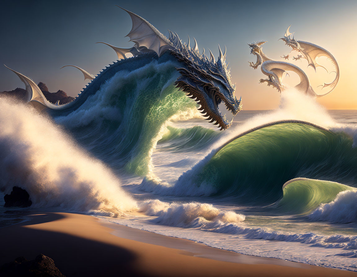 Majestic sea dragon emerging from ocean waves with smaller dragons.