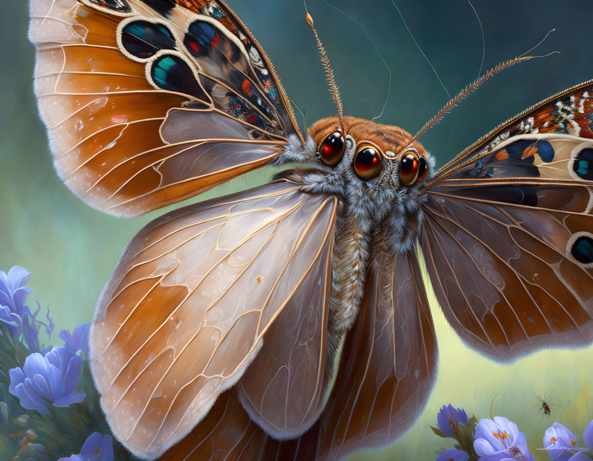 Detailed Close-Up: Vibrant Butterfly with Spotted Wings in Purple Flowers