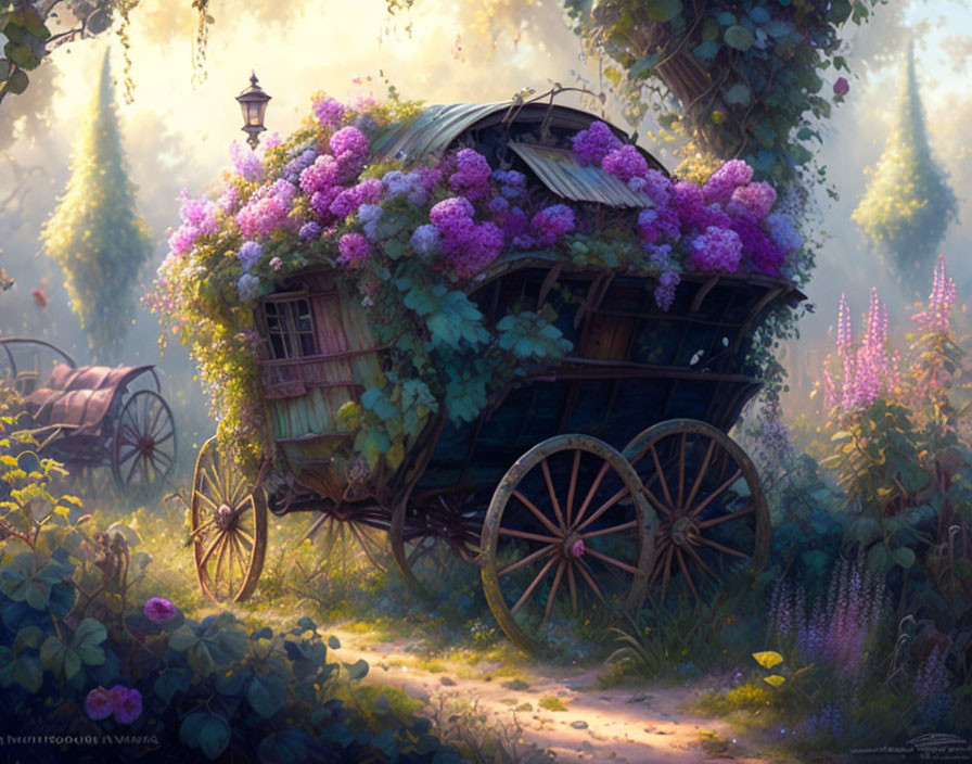 Vintage wooden cart overflowing with lush purple flowers in serene garden