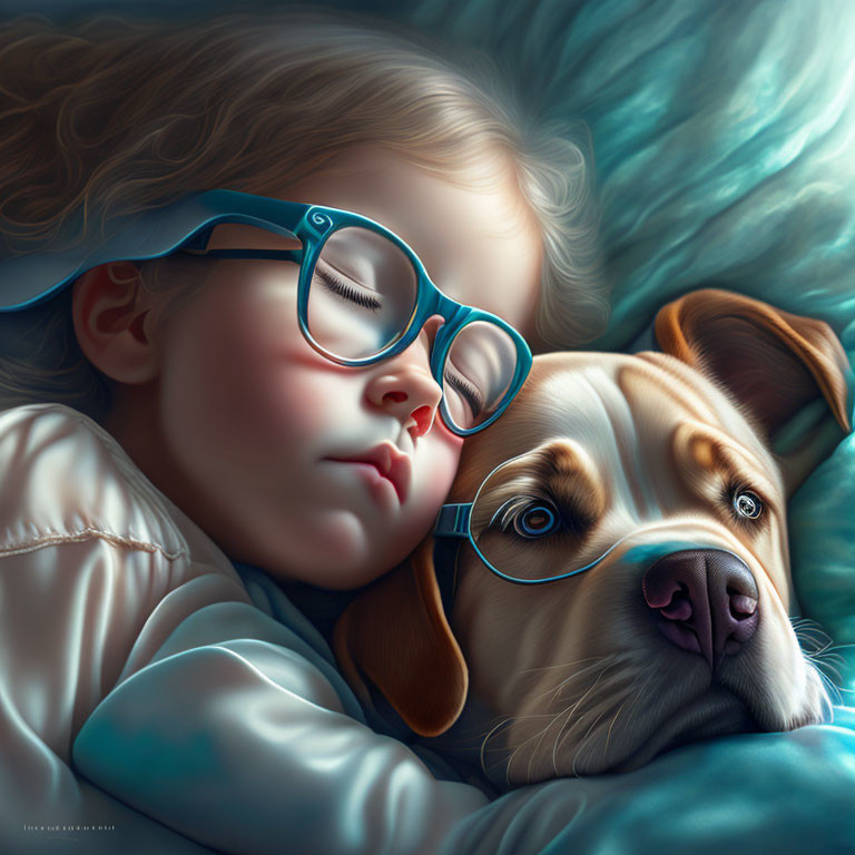 Child and dog in matching blue glasses sleeping on blue blanket