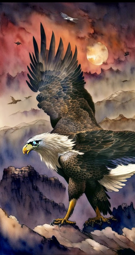 Illustration of eagle flying over mountain landscape at dusk