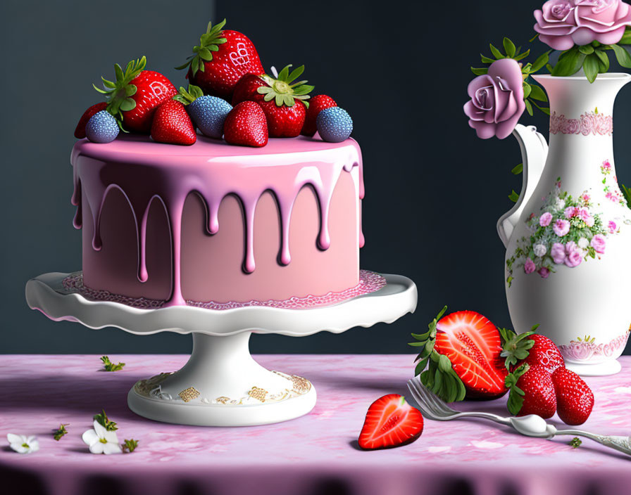 Pink Glazed Cake with Strawberries and Floral Vase on White Stand