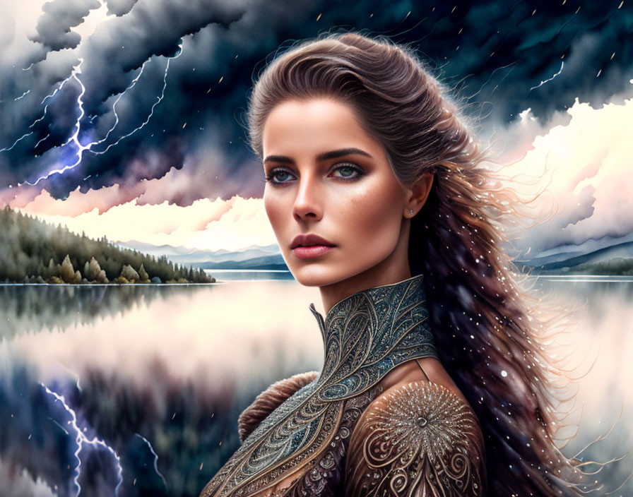 Digital artwork: Woman in detailed warrior attire against stormy skies and serene lake