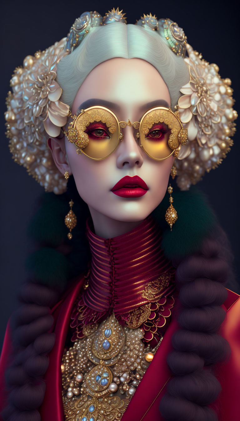 Stylized portrait of female figure with red lips and gold eyeshadow