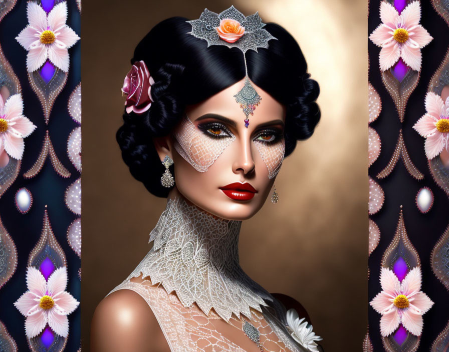 Digital artwork featuring woman with stylized makeup and elaborate head jewelry in lace attire against floral backdrop