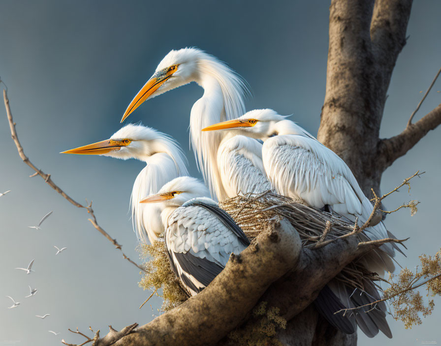 Four Great Egrets Nesting in Tree with Twilight Sky and Flying Birds