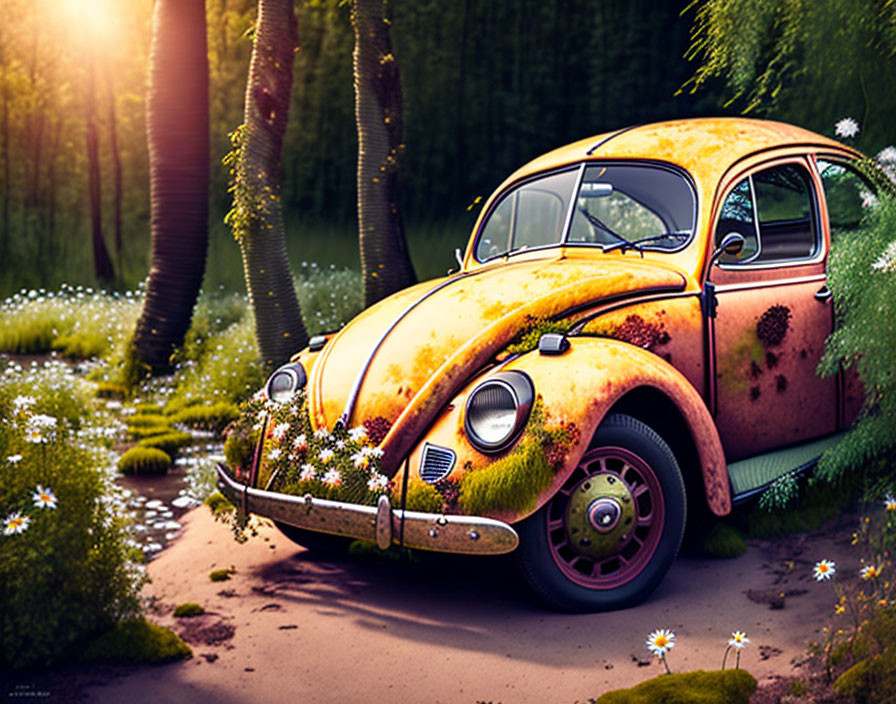 Vintage Yellow Volkswagen Beetle Covered in Moss and Flowers in Forest Glade