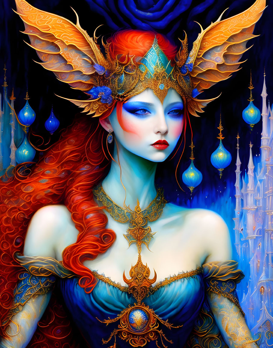 Fantasy illustration of woman with fiery red hair and elaborate headdress