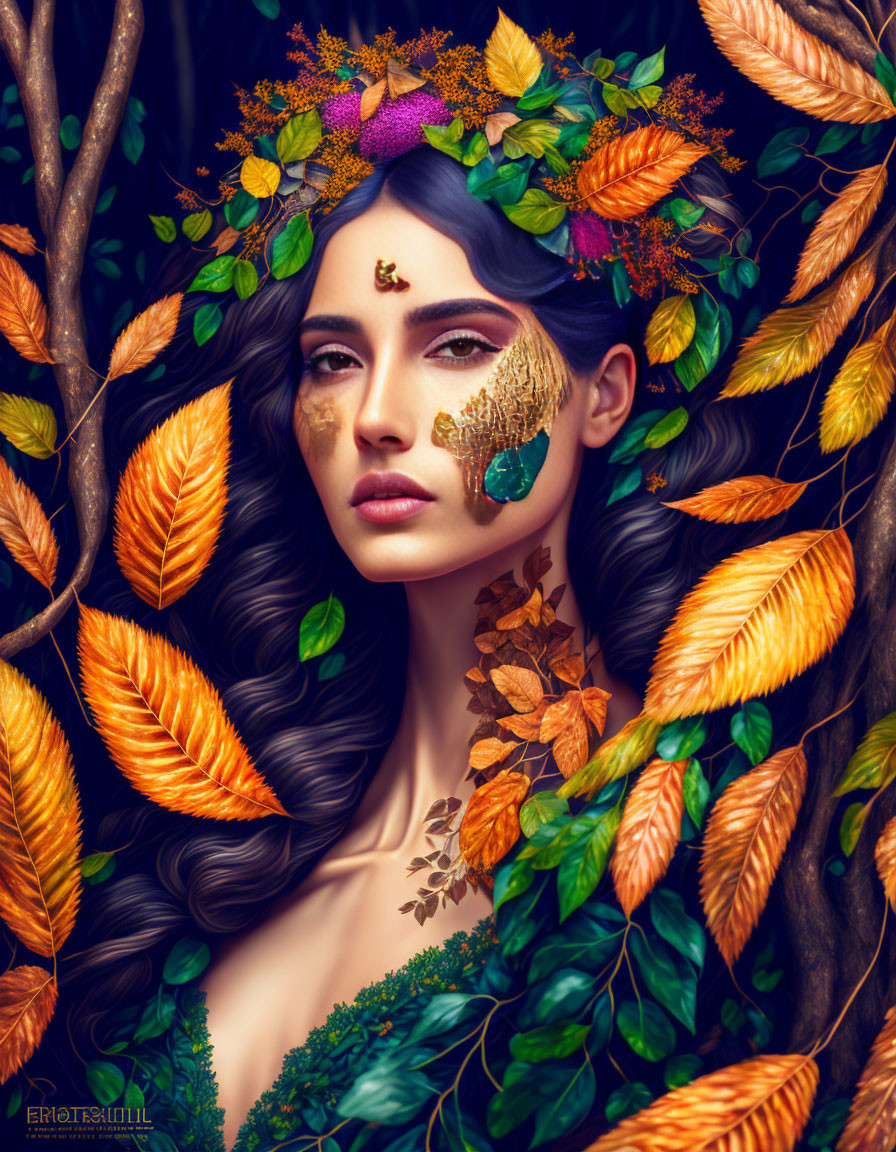 Portrait of woman with dark hair, autumn leaves, and golden leaf makeup in rich foliage setting