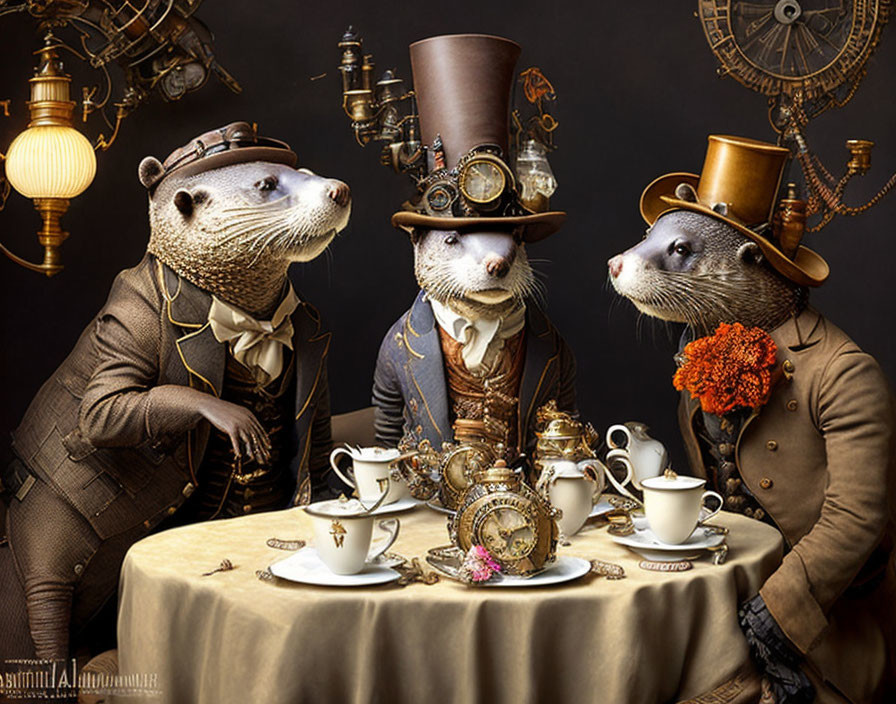 Steampunk-themed anthropomorphic otters having tea among gears and clocks