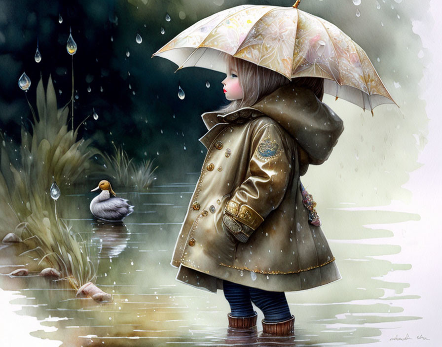 Child in coat and boots with umbrella by pond watching duck in rain.