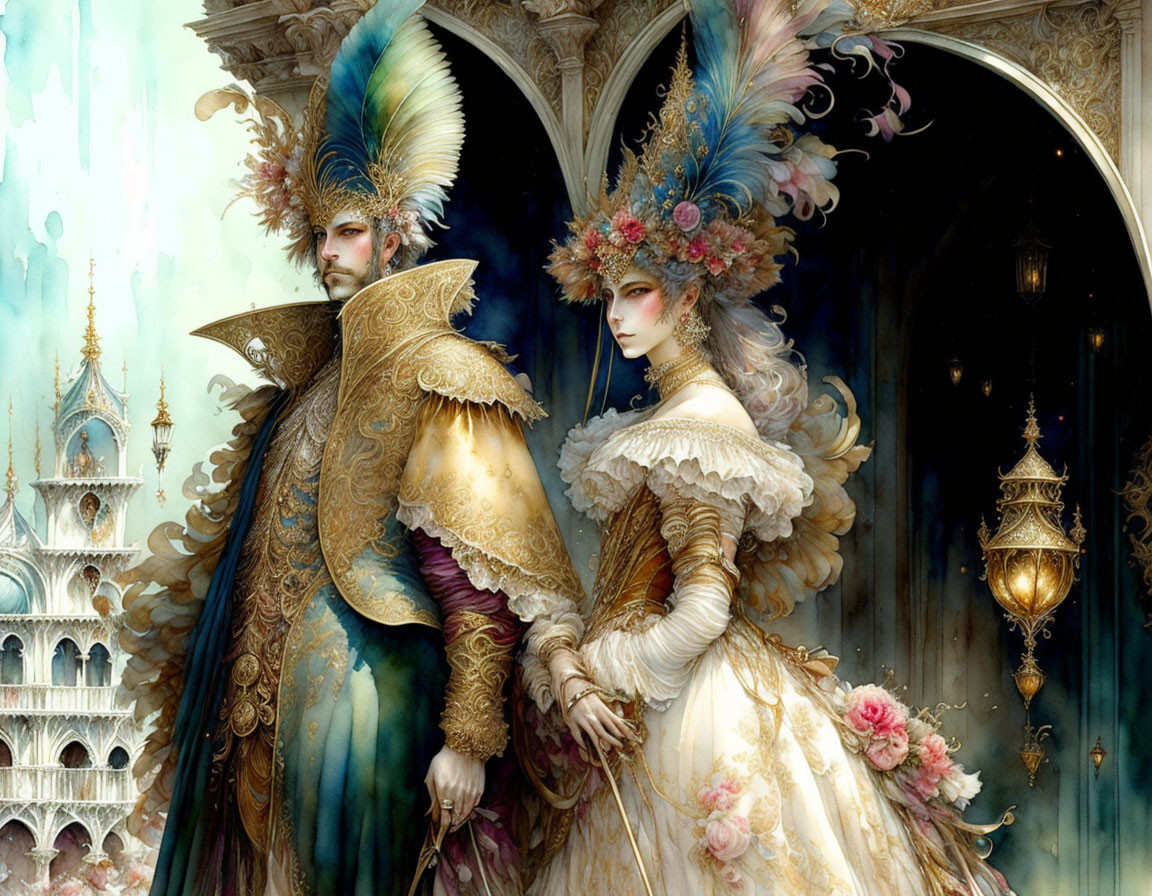 Opulent fantasy-style costumes with intricate details and feathers against romantic architectural backdrop.