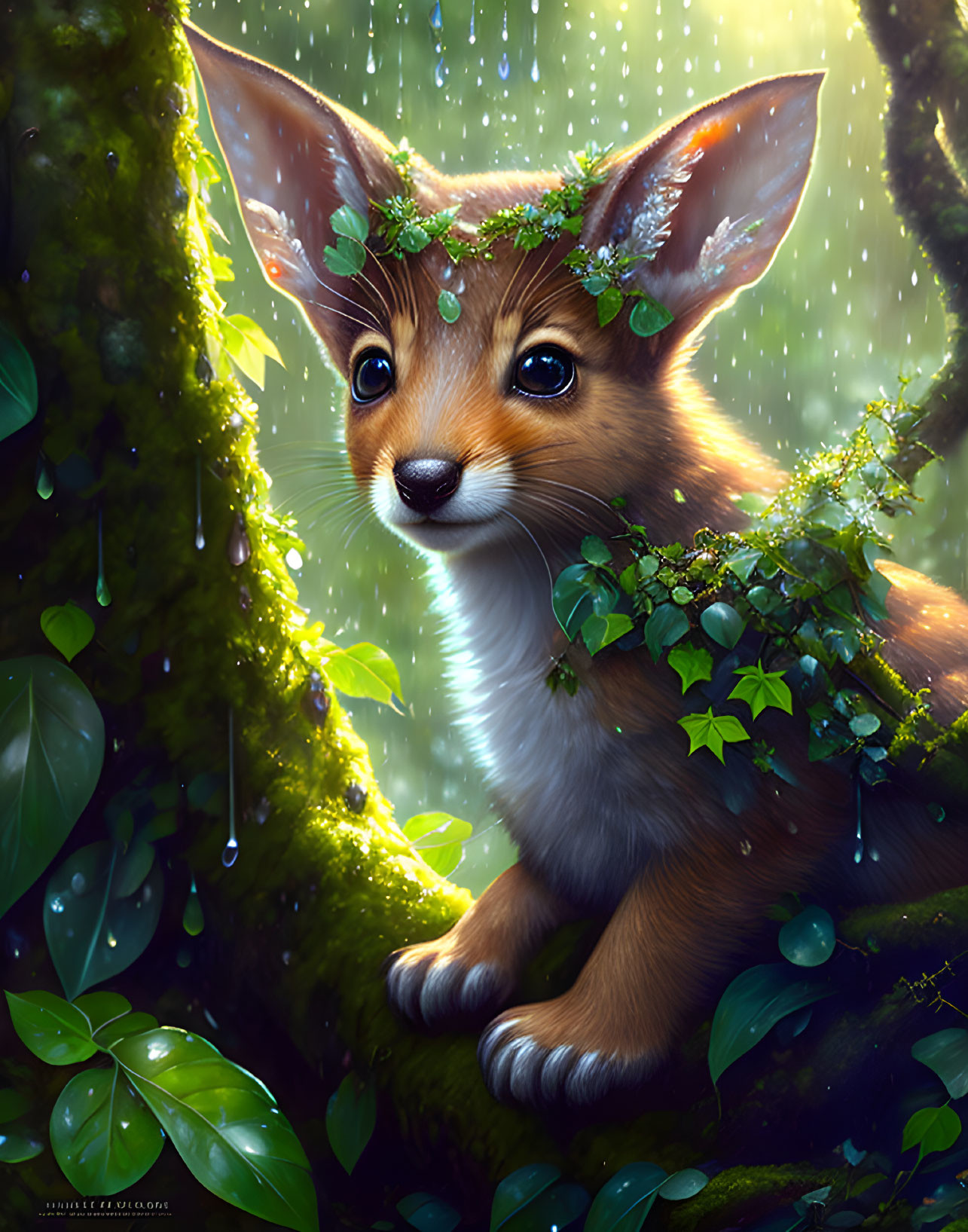 Illustration of whimsical fawn with oversized, fox-like ears in lush forest.