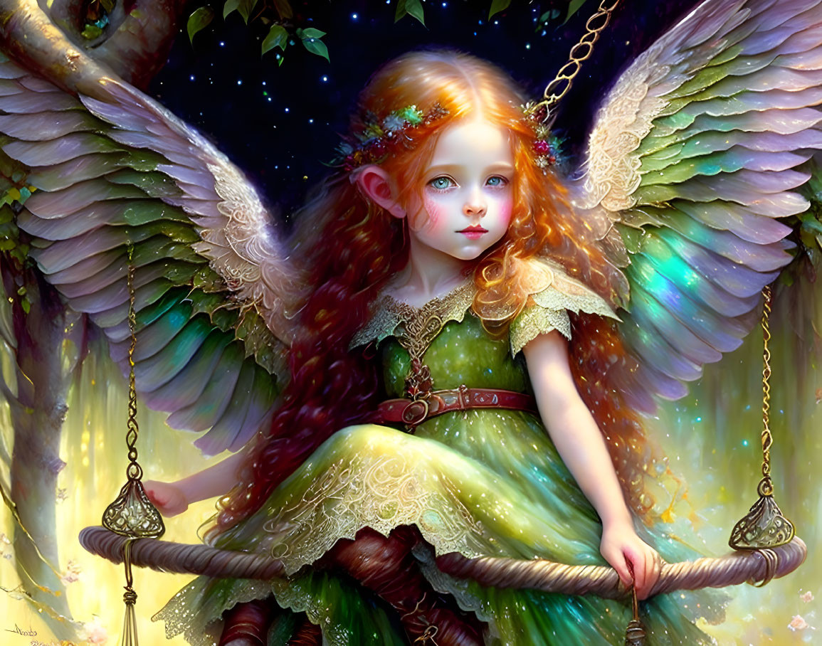 Young angelic girl on swing in mystical forest with stars