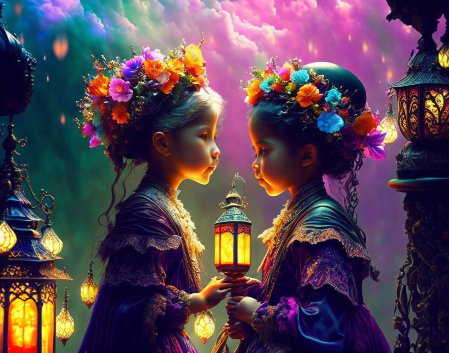 Children in purple dresses with floral crowns holding lantern against colorful backdrop