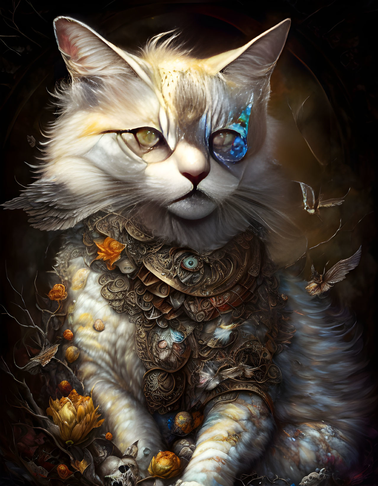 Majestic cat in golden armor with yellow eyes amidst fluttering moths