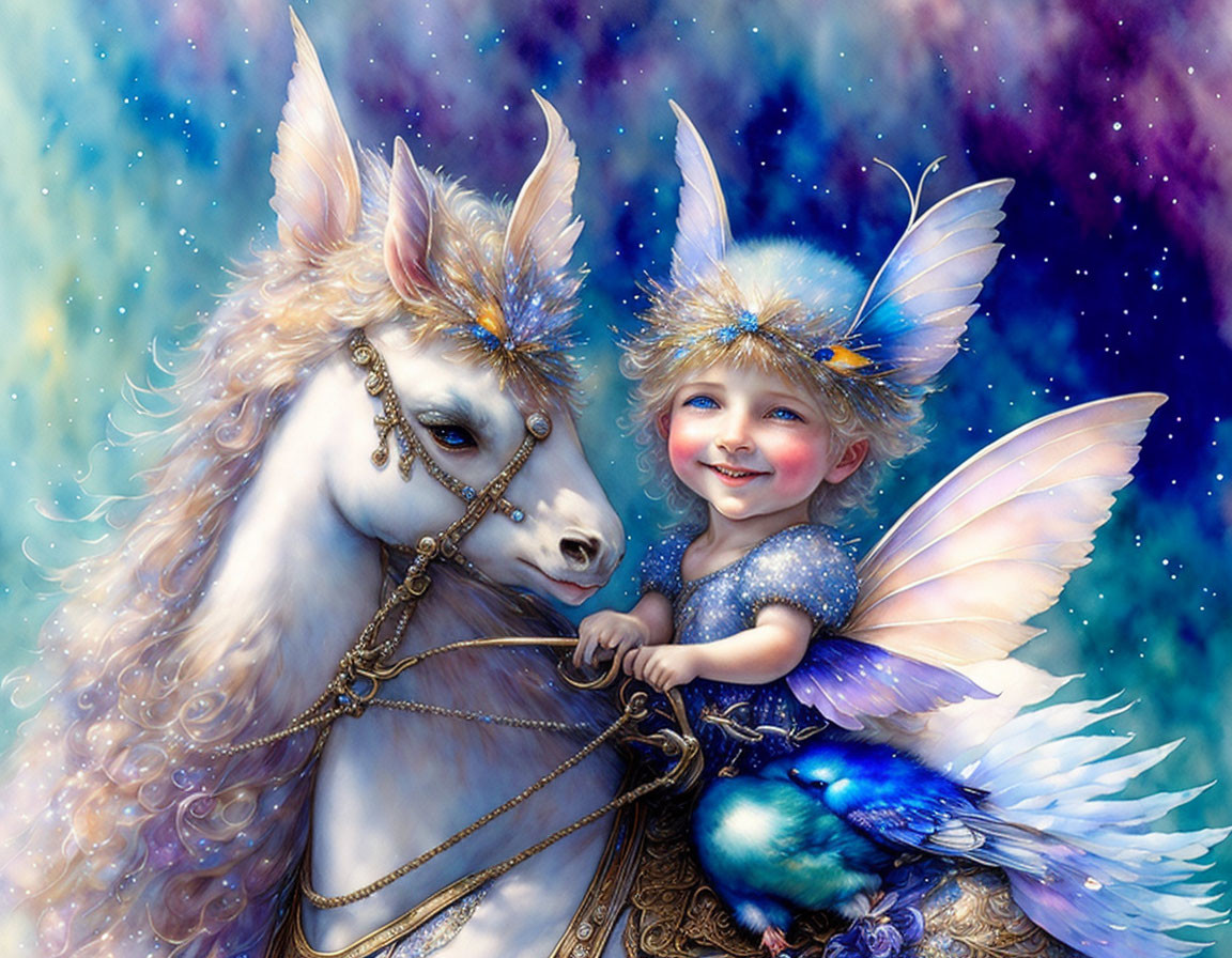 Illustration of fairy child hugging white unicorn under starry sky