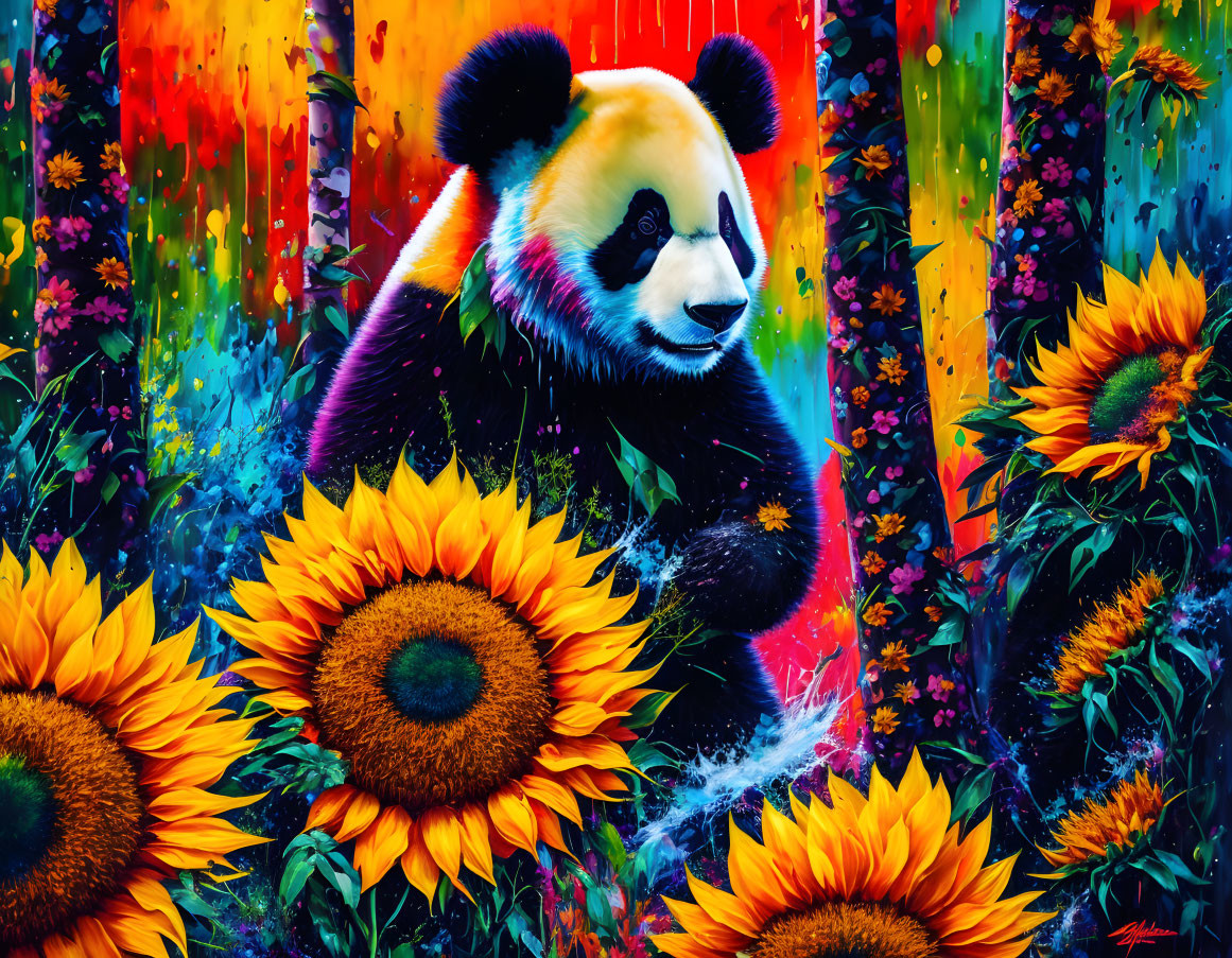 Colorful Panda in Sunflower Field Artwork