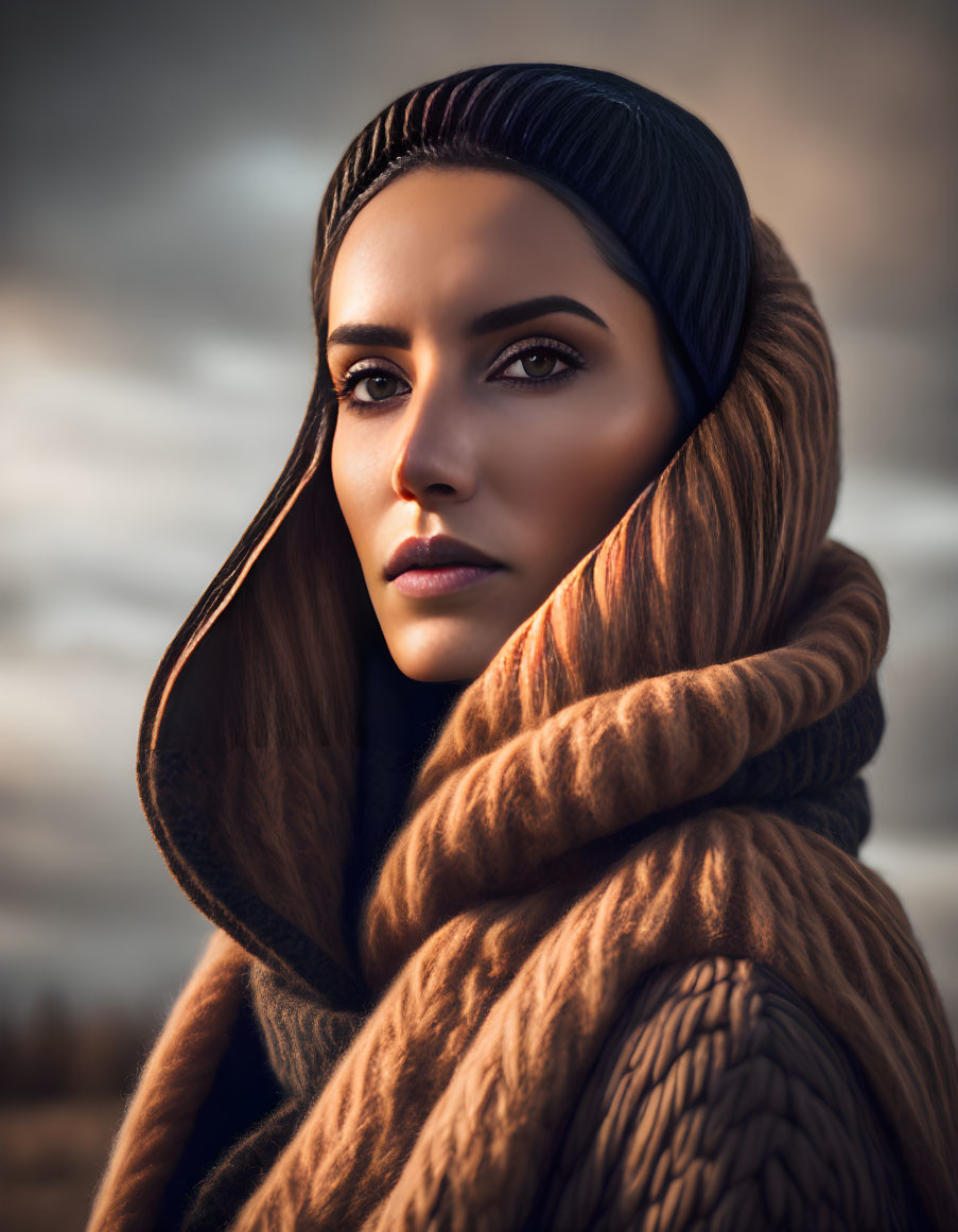 Portrait of a Woman in Headscarf and Textured Coat at Twilight