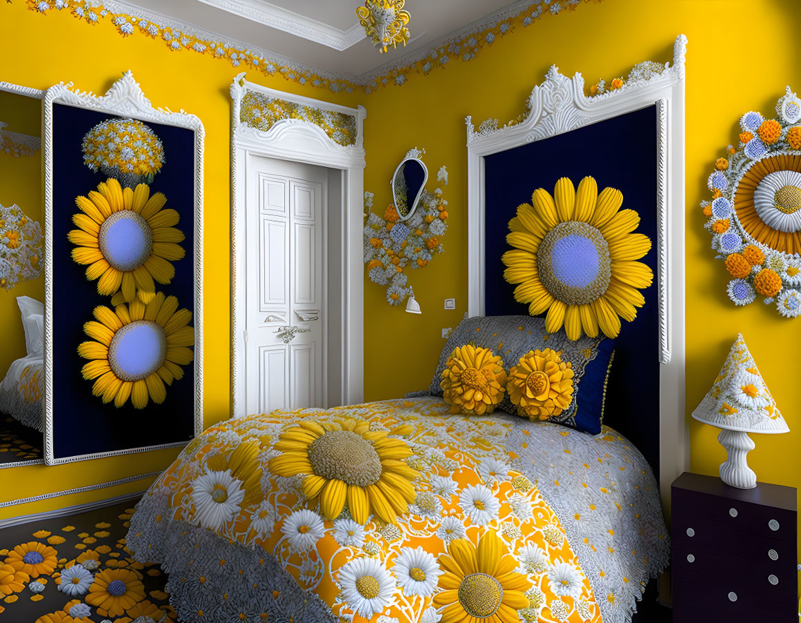 Sunflower-themed yellow bedroom with floral bedding and ornate frames