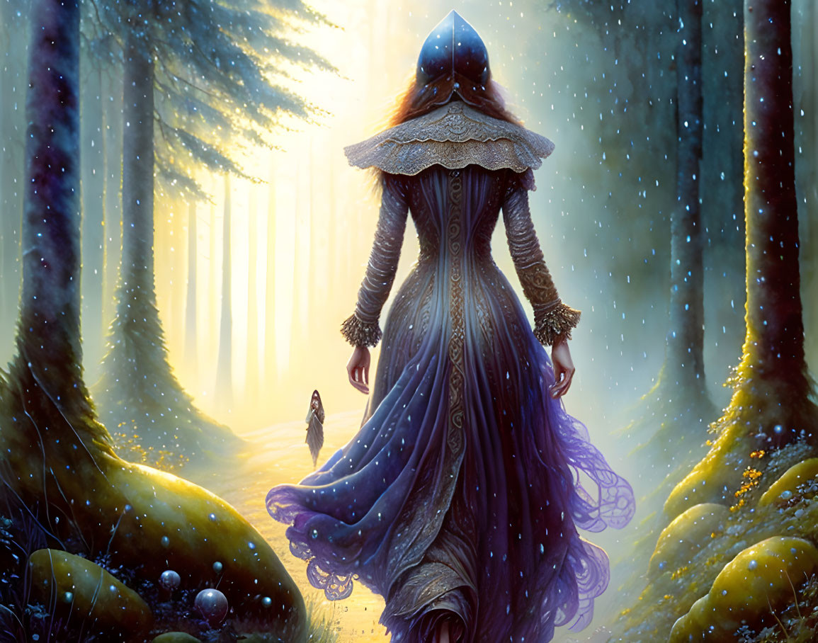 Cloaked figure in blue dress in mystical forest with sunbeams