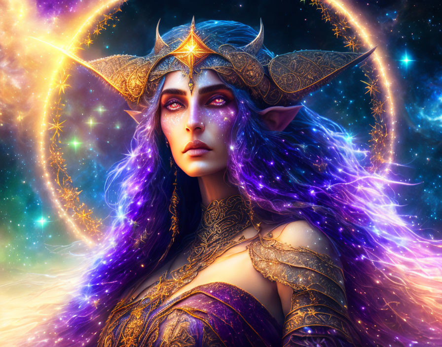 Purple-skinned female with pointed ears and radiant violet hair in cosmic setting.