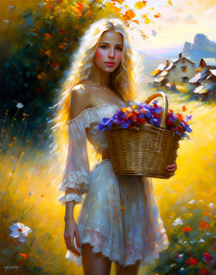 Blonde woman with basket in sunlit flower landscape